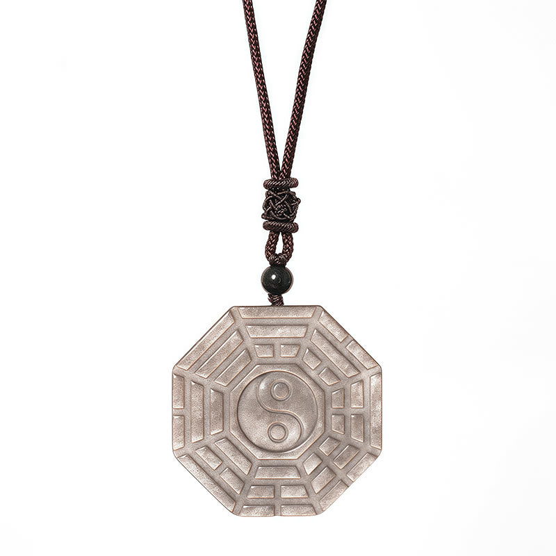 Buddha Stones Silver Sheen Obsidian Bagua Yin Yang Symbol Protection Necklace Pendant - image 9