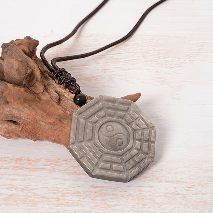 Buddha Stones Silver Sheen Obsidian Bagua Yin Yang Symbol Protection Necklace Pendant - image 3
