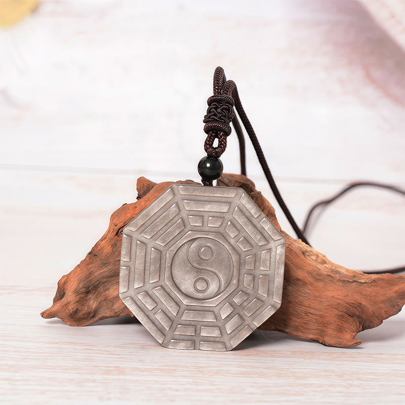 Buddha Stones Silver Sheen Obsidian Bagua Yin Yang Symbol Protection Necklace Pendant - Silver Sheen Obsidian - image 1