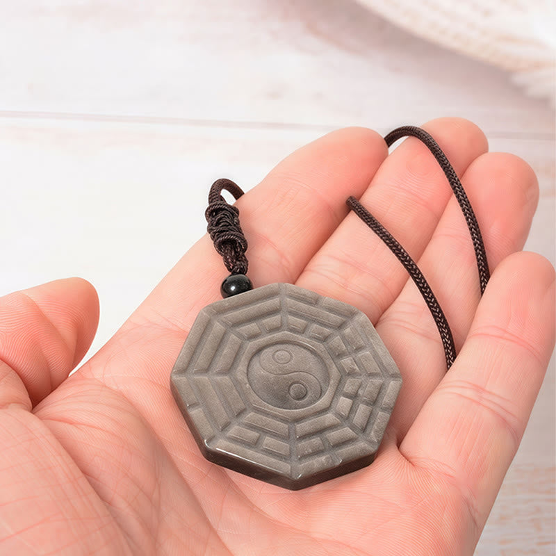 Buddha Stones Silver Sheen Obsidian Bagua Yin Yang Symbol Protection Necklace Pendant - image 8