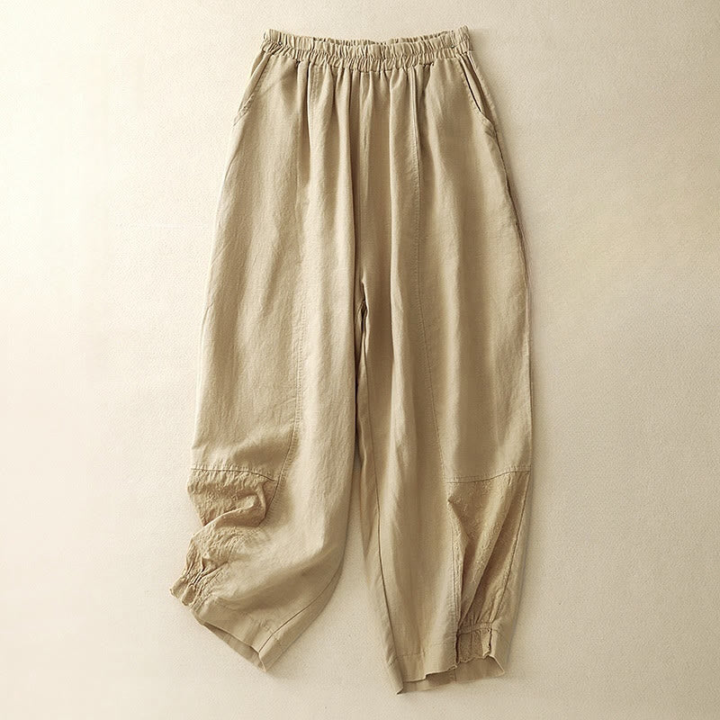 Buddha Stones Casual Embroidery Patchwork Fabric 7-8 Length Cropped Pants Women's Cotton Harem Pants With Pockets - Goldenrod - US8-10，UK/AU12-14，EU40-42 (2XL) - image 0