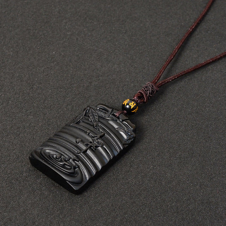 Buddha Stones Natural Black Obsidian Bamboo Fulfillment Necklace Pendant