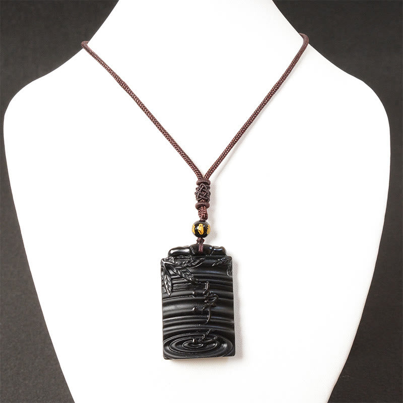 Buddha Stones Natural Black Obsidian Bamboo Fulfillment Necklace Pendant