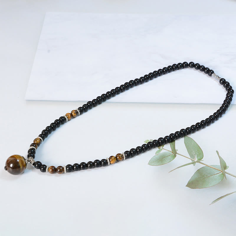 Buddha Stones Black Obsidian Tiger Eye Strengthen Necklace Pendant - image 4