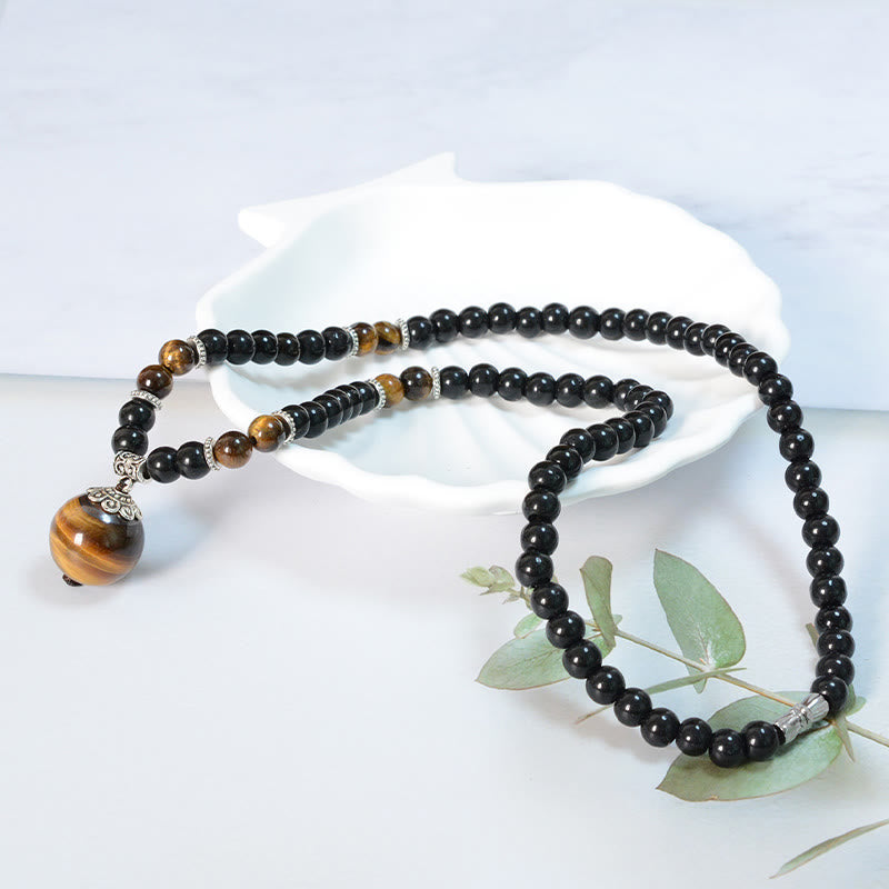 Buddha Stones Black Obsidian Tiger Eye Strengthen Necklace Pendant