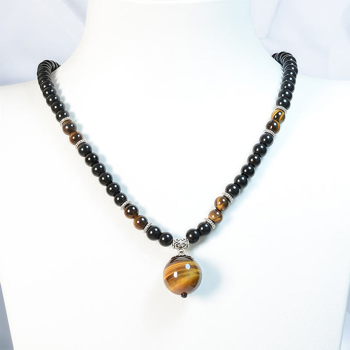 Buddha Stones Black Obsidian Tiger Eye Strengthen Necklace Pendant