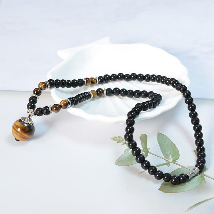 Buddha Stones Black Obsidian Tiger Eye Strengthen Necklace Pendant - image 1