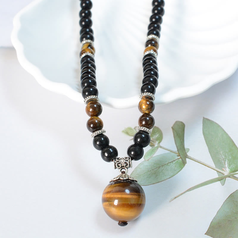 Buddha Stones Black Obsidian Tiger Eye Strengthen Necklace Pendant - image 3