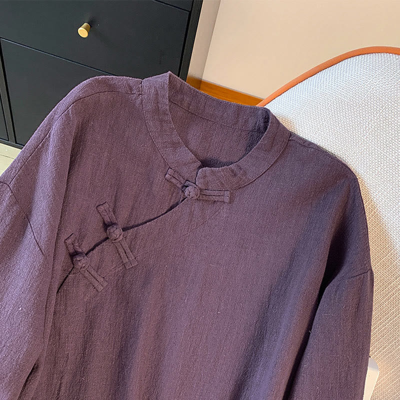 Buddha Stones Casual Women's Plain Frog-Button Stand Collar Design Long Sleeve Shirt - image 2