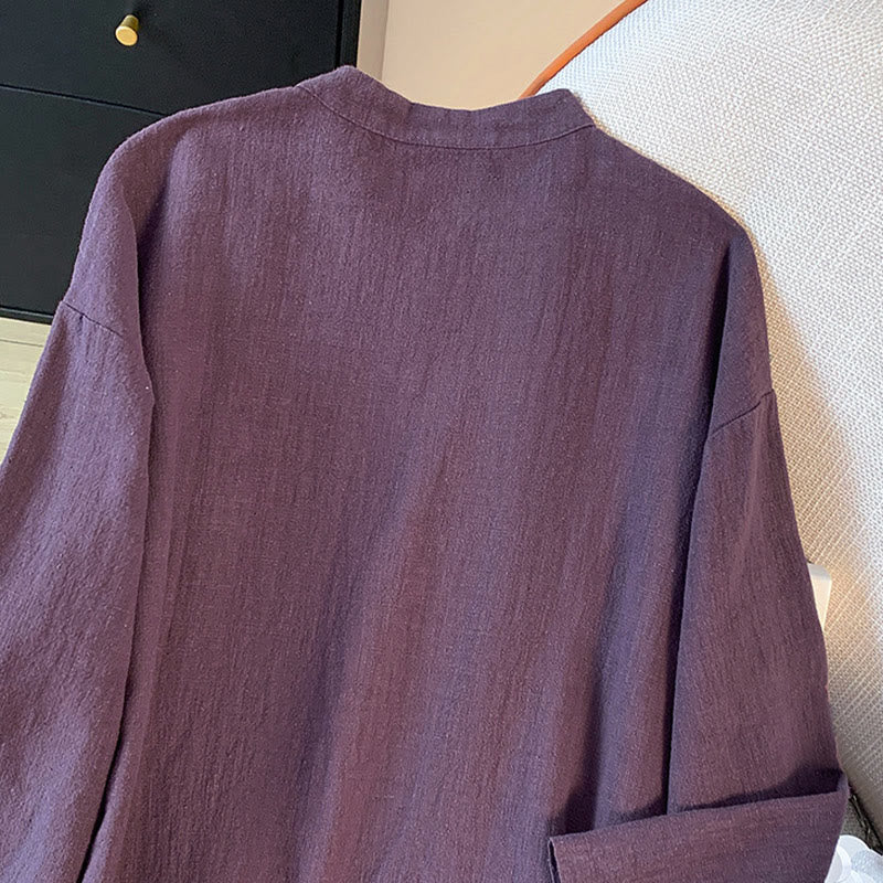 Buddha Stones Casual Women's Plain Frog-Button Stand Collar Design Long Sleeve Cotton Linen Shirt - image 7