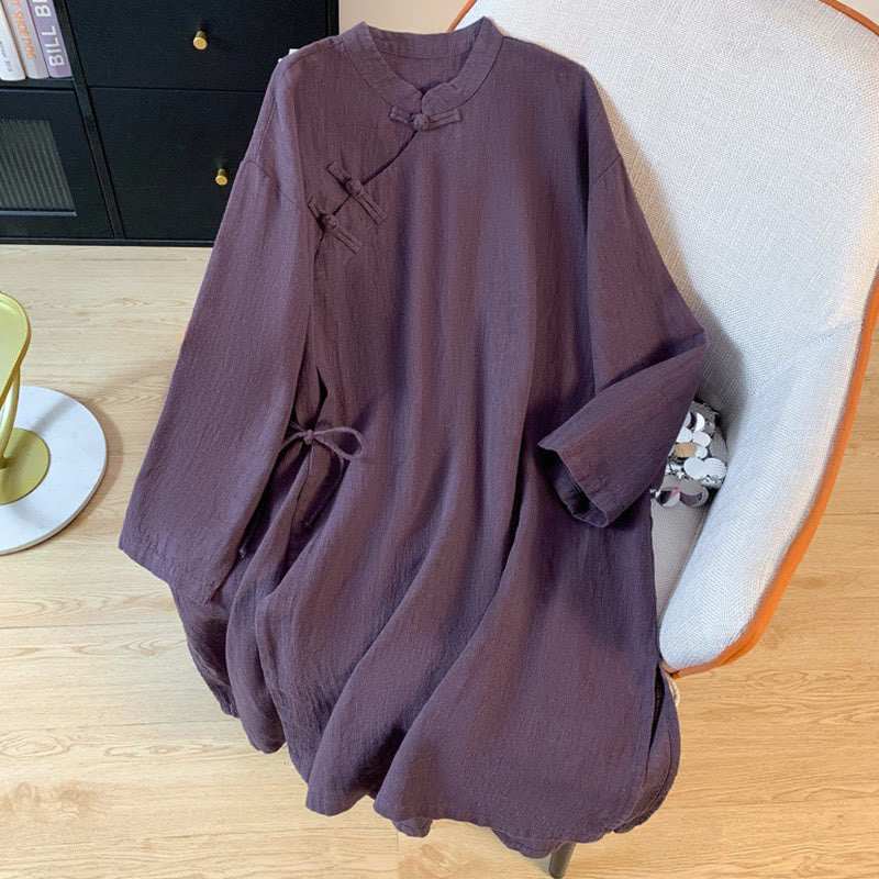 Buddha Stones Casual Women's Plain Frog-Button Stand Collar Design Long Sleeve Cotton Linen Shirt - Purple - US8-10，UK/AU12-14，EU40-42 (2XL) - image 1