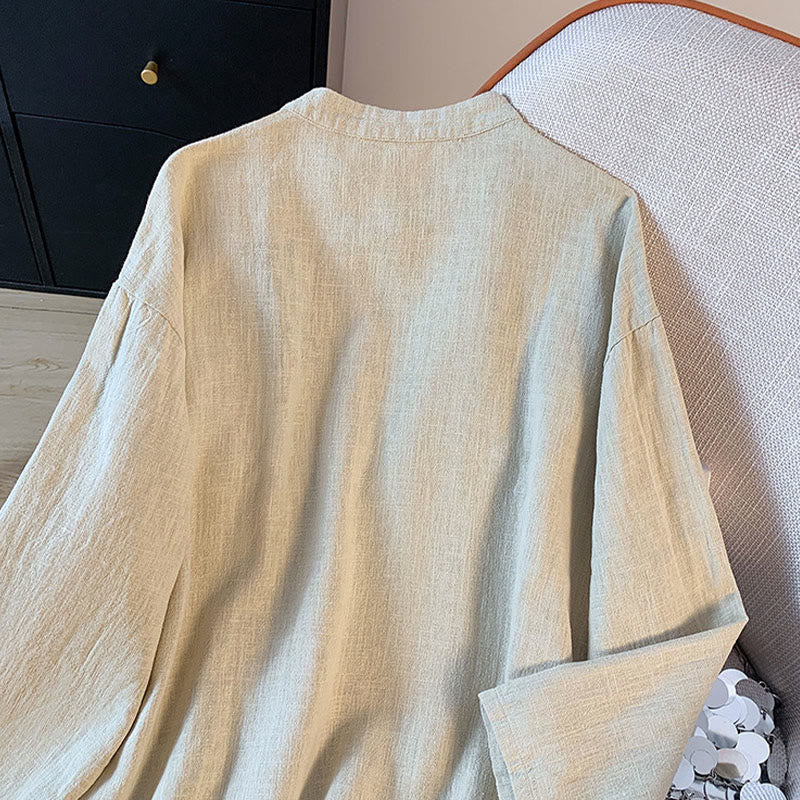 Buddha Stones Casual Women's Plain Frog-Button Stand Collar Design Long Sleeve Cotton Linen Shirt - image 13