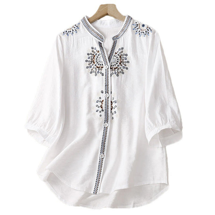Buddha Stones Casual Women's Bohemia Embroidery Flowers V-Neck Design Half Sleeve Shirt - image 1