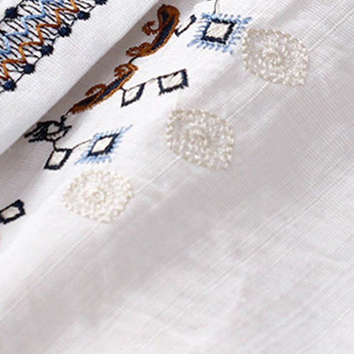 Buddha Stones Casual Women's Bohemia Embroidery Flowers V-Neck Design Half Sleeve Cotton Linen Shirt - image 4