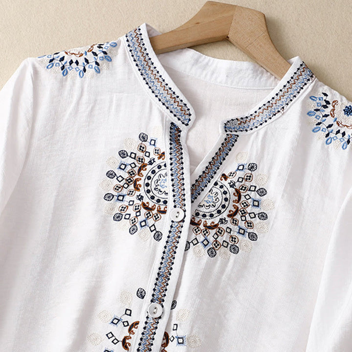 Buddha Stones Casual Women's Bohemia Embroidery Flowers V-Neck Design Half Sleeve Cotton Linen Shirt - image 2