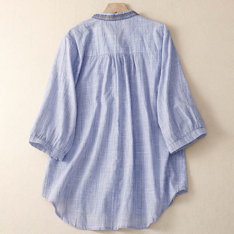 Buddha Stones Casual Women's Bohemia Embroidery Flowers V-Neck Design Half Sleeve Shirt - image 6