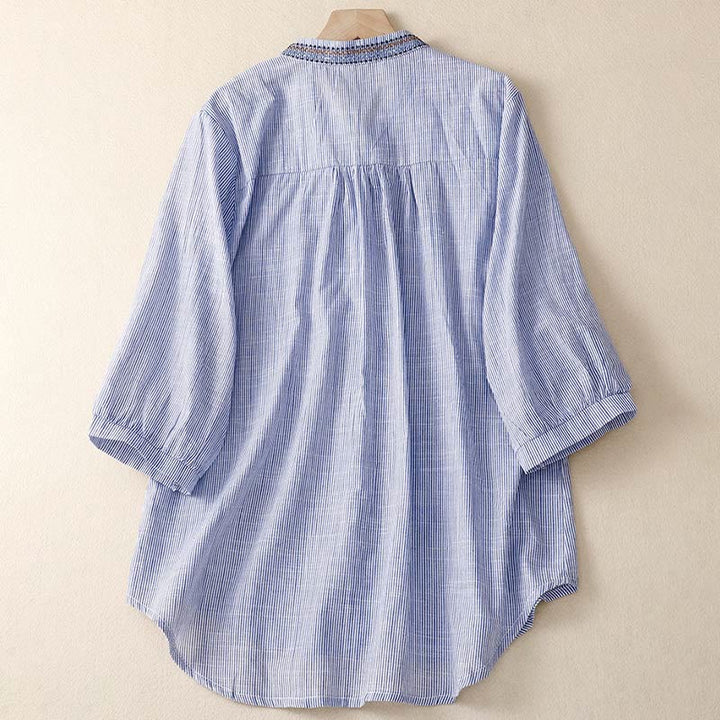 Buddha Stones Casual Women's Bohemia Embroidery Flowers V-Neck Design Half Sleeve Shirt - image 6