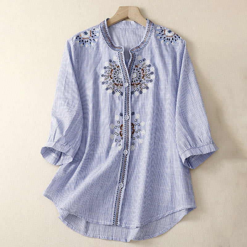 Buddha Stones Casual Women's Bohemia Embroidery Flowers V-Neck Design Half Sleeve Shirt - CornflowerBlue - US8-10，UK/AU12-14，EU40-42 (2XL) - image 5