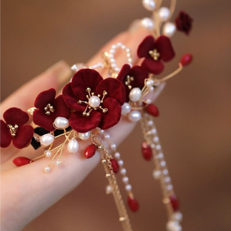 Buddha Stones Chinese Oriental Wedding Bridal Red Rose Hair Clip