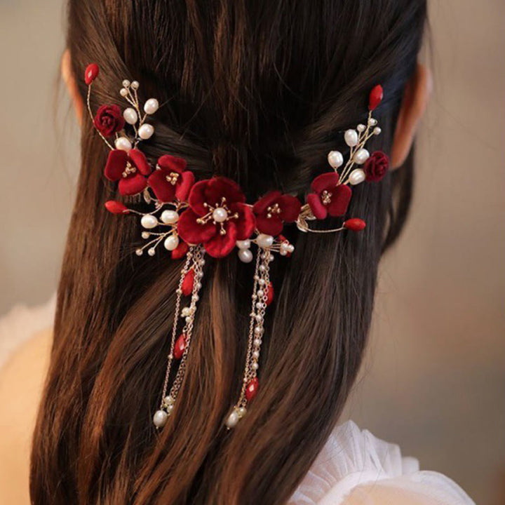 Buddha Stones Chinese Oriental Wedding Bridal Red Rose Hair Clip