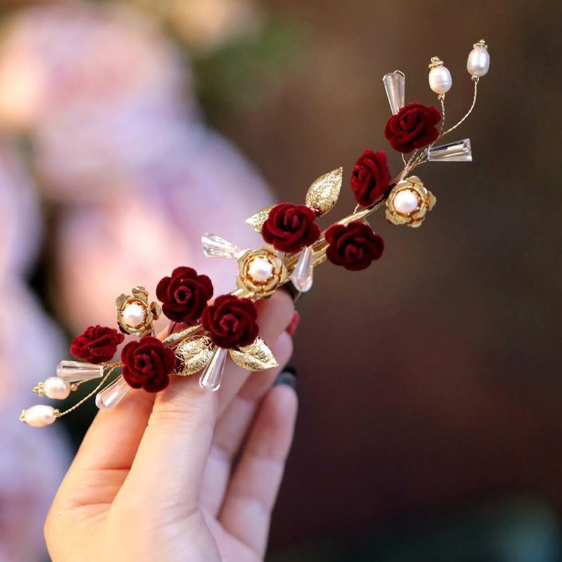 Buddha Stones Chinese Oriental Wedding Bridal Red Rose Hair Clip