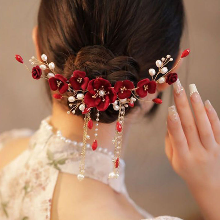 Buddha Stones Chinese Oriental Wedding Bridal Red Rose Hair Clip