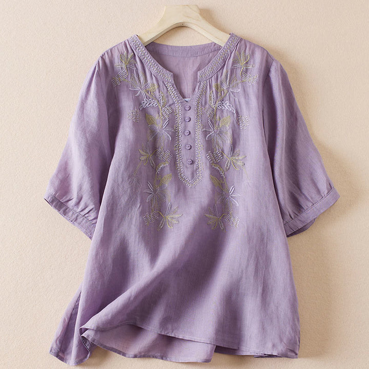 Buddha Stones Casual Embroidery Plants Women's V-Neck Design Half Sleeve Cotton Blended Shirt