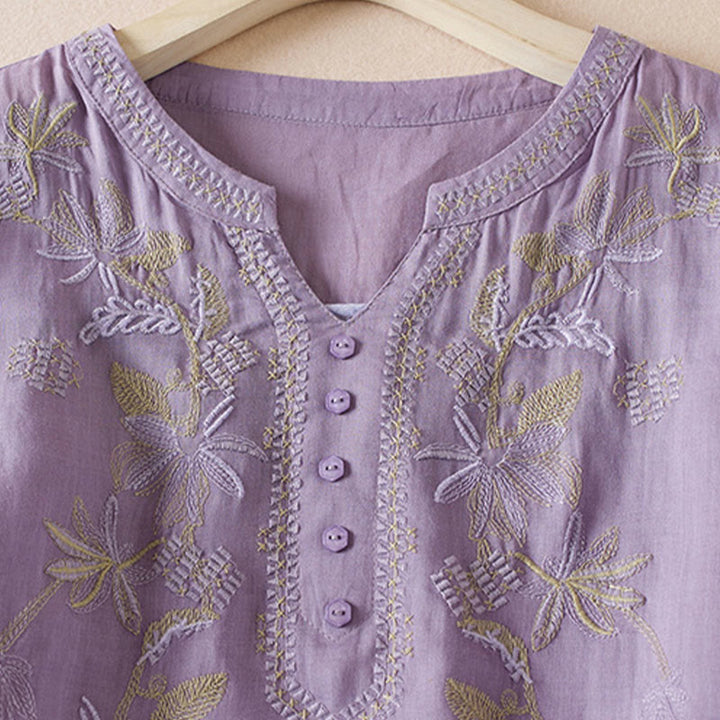 Buddha Stones Casual Embroidery Plants Women's V-Neck Design Half Sleeve Cotton Blended Shirt - image 2