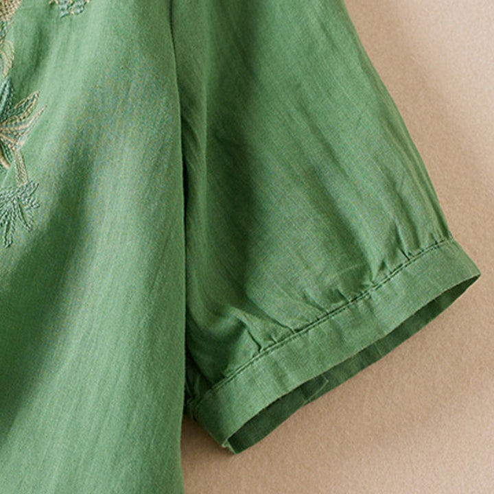 Buddha Stones Casual Embroidery Plants Women's V-Neck Design Half Sleeve Cotton Blended Shirt - image 27