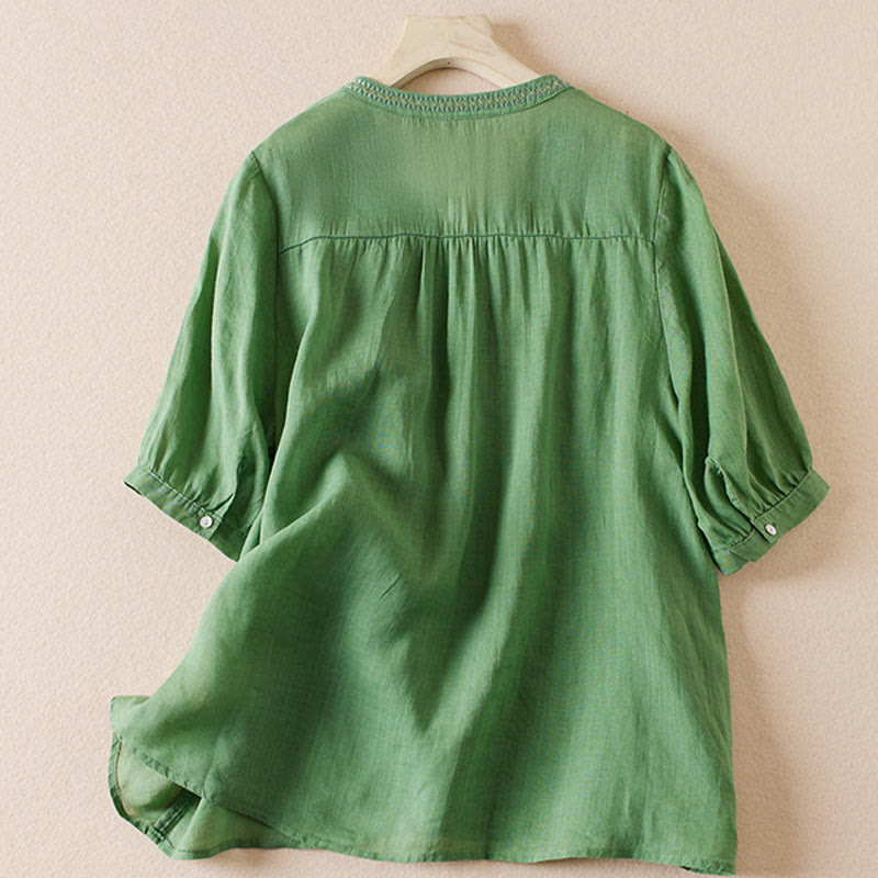 Buddha Stones Casual Embroidery Plants Women's V-Neck Design Half Sleeve Cotton Blended Shirt - image 23