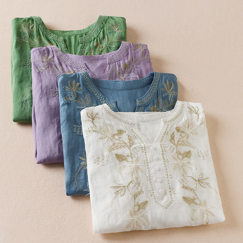 Buddha Stones Casual Embroidery Plants Women's V-Neck Design Half Sleeve Cotton Blended Shirt - image 29