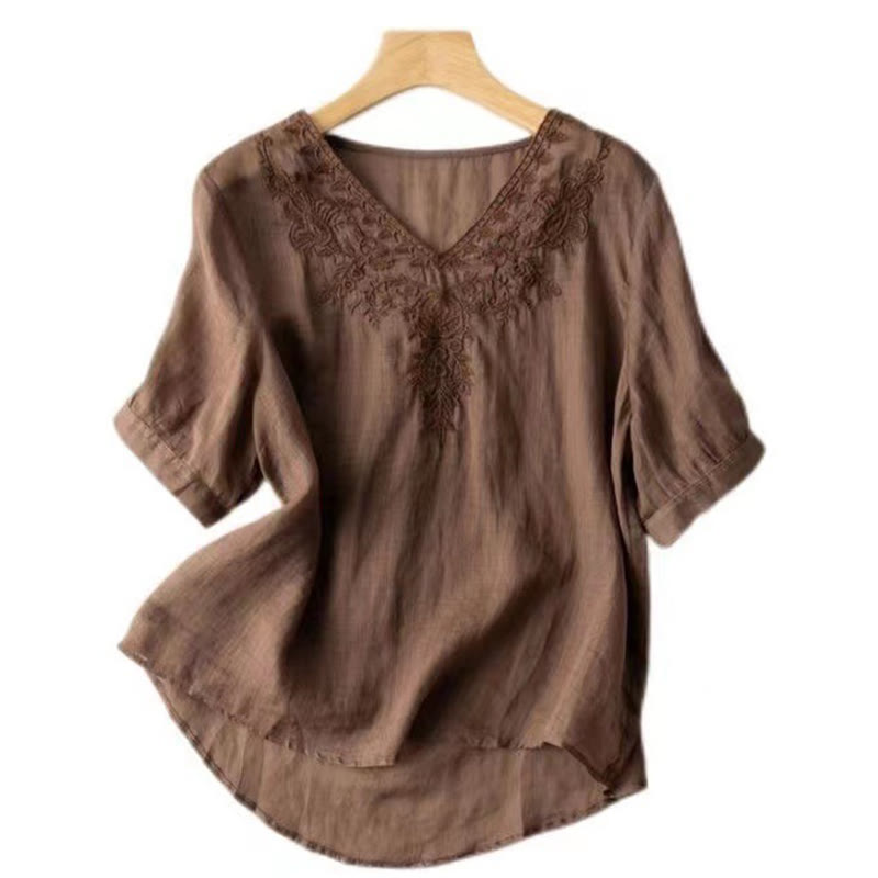 Buddha Stones Casual Embroidery Floral Women's V-Neck Design Half Sleeve Cotton Shirt