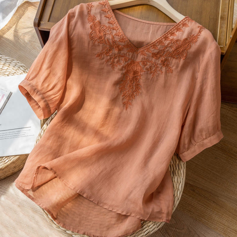 Buddha Stones Casual Embroidery Floral Women's V-Neck Design Half Sleeve Cotton Shirt - image 9