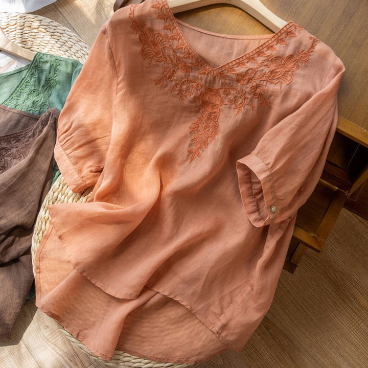 Buddha Stones Casual Embroidery Floral Women's V-Neck Design Half Sleeve Cotton Shirt - image 8