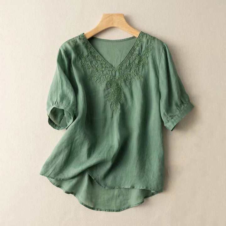 Buddha Stones Casual Embroidery Floral Women's V-Neck Design Half Sleeve Cotton Shirt - MediumSeaGreen - US12，UK/AU16，EU44 (3XL) - image 12