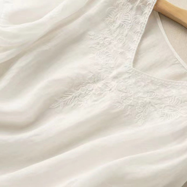 Buddha Stones Casual Embroidery Floral Women's V-Neck Design Half Sleeve Cotton Shirt - image 20