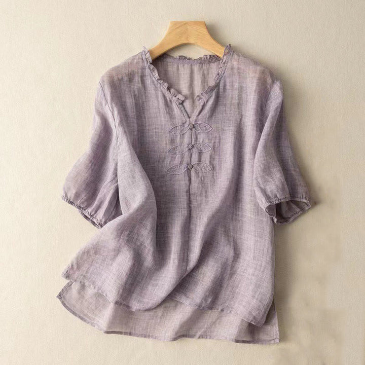 Buddha Stones Casual Embroidery Leaf Ungus Edge Wrinkle Women's V-neck Design Half Sleeve Cotton Shirt - Thistle - US12，UK/AU16，EU44 (3XL) - image 11