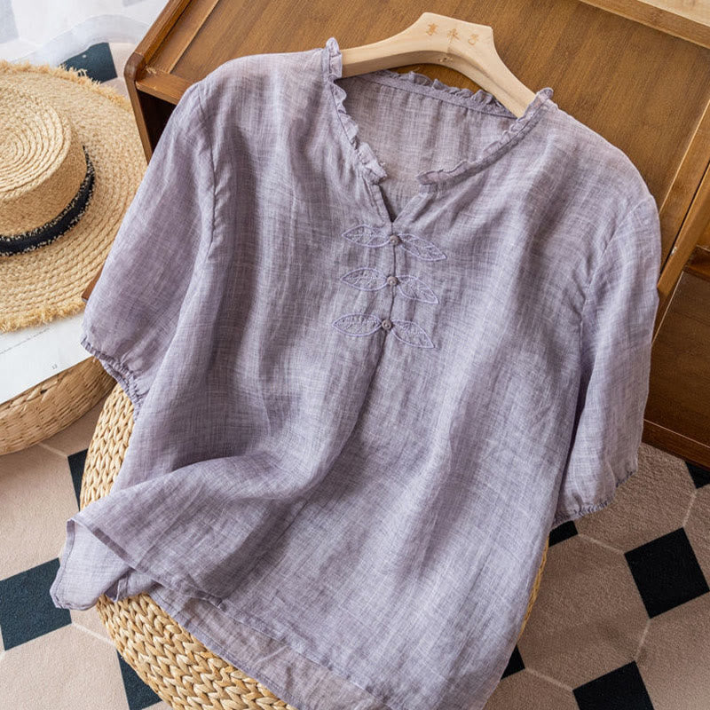 Buddha Stones Casual Embroidery Leaf Ungus Edge Wrinkle Women's V-neck Design Half Sleeve Cotton Shirt - image 12