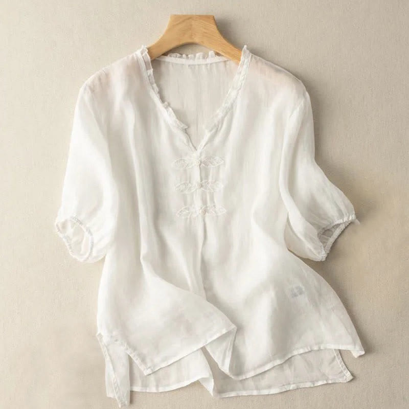 Buddha Stones Casual Embroidery Leaf Ungus Edge Wrinkle Women's V-neck Design Half Sleeve Cotton Shirt - Ivory - US12，UK/AU16，EU44 (3XL) - image 15