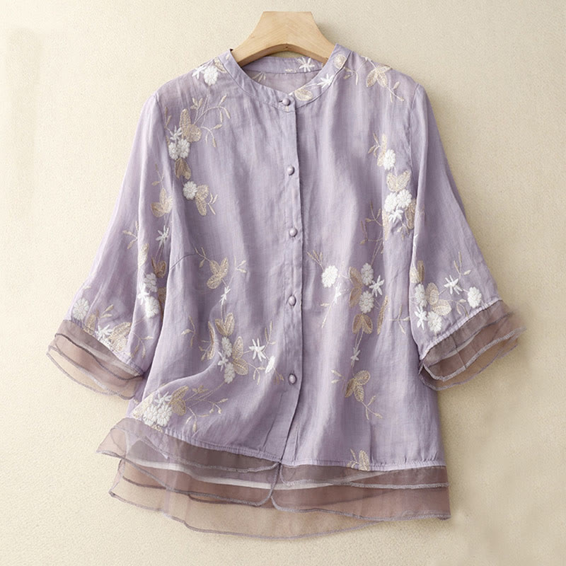 Buddha Stones Casual Embroidered Petals Spliced ​​Organza Women's Crew Neck Design Half Sleeve Cotton Cardigan Shirt - Plum - US8-10，UK/AU12-14，EU40-42 (2XL) - image 1