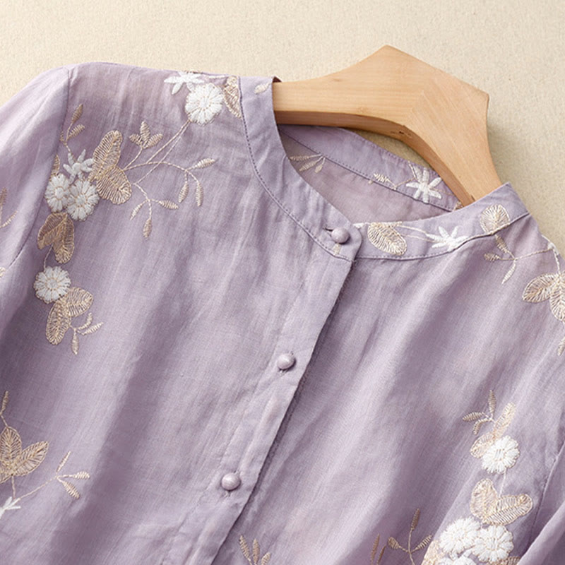 Buddha Stones Casual Embroidered Petals Spliced ​​Organza Women's Crew Neck Design Half Sleeve Cotton Cardigan Shirt - image 2