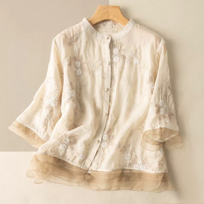 Buddha Stones Casual Embroidered Petals Spliced ​​Organza Women's Crew Neck Design Half Sleeve Cotton Cardigan Shirt - LightYellow - US8-10，UK/AU12-14，EU40-42 (2XL) - image 4