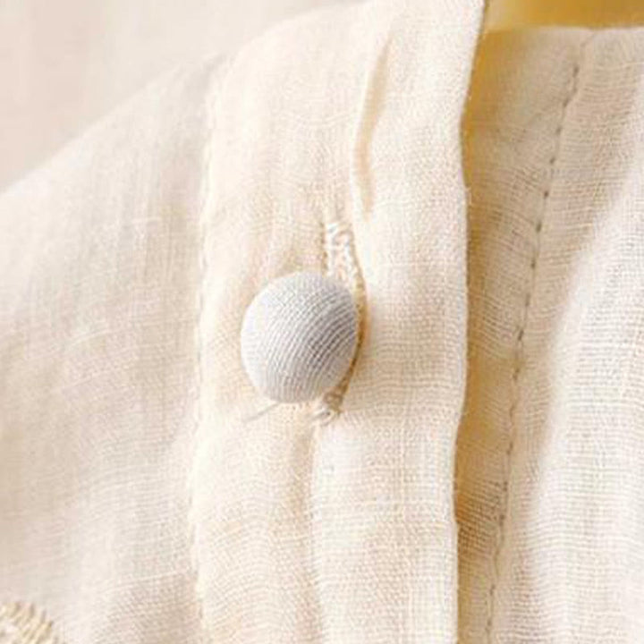 Buddha Stones Casual Embroidered Petals Spliced ​​Organza Women's Crew Neck Design Half Sleeve Cotton Cardigan Shirt - image 8