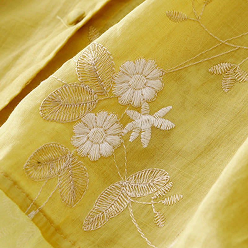 Buddha Stones Casual Embroidered Petals Spliced ​​Organza Women's Crew Neck Design Half Sleeve Cotton Cardigan Shirt - image 13