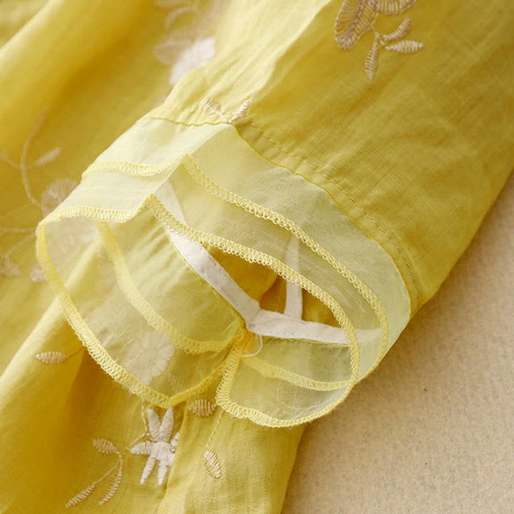 Buddha Stones Casual Embroidered Petals Spliced ​​Organza Women's Crew Neck Design Half Sleeve Cotton Cardigan Shirt - image 11