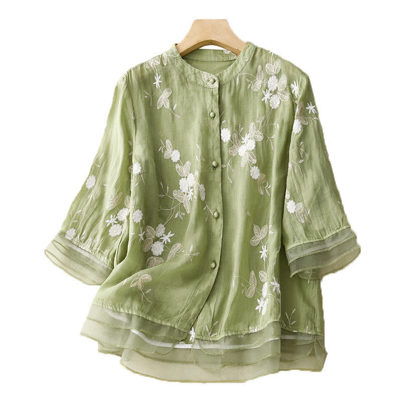 Buddha Stones Casual Embroidered Petals Spliced ​​Organza Women's Crew Neck Design Half Sleeve Cotton Cardigan Shirt - image 16