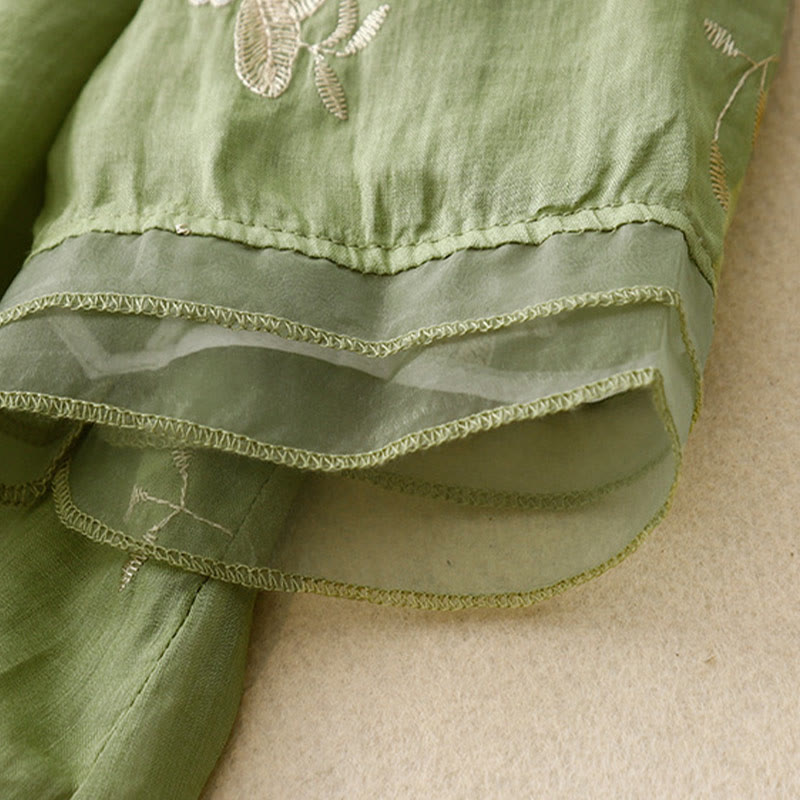 Buddha Stones Casual Embroidered Petals Spliced ​​Organza Women's Crew Neck Design Half Sleeve Cotton Cardigan Shirt - image 19