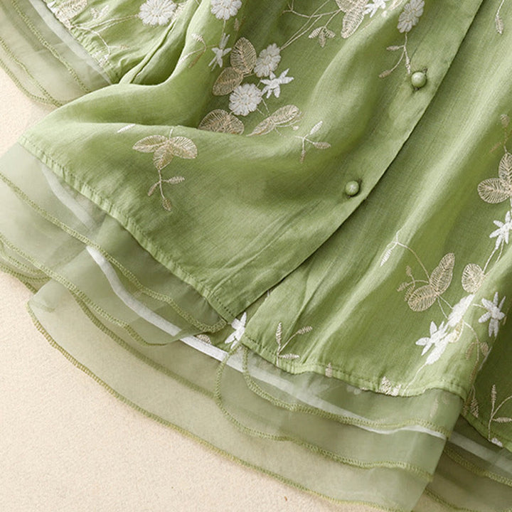 Buddha Stones Casual Embroidered Petals Spliced ​​Organza Women's Crew Neck Design Half Sleeve Cotton Cardigan Shirt - image 20