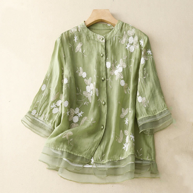 Buddha Stones Casual Embroidered Petals Spliced ​​Organza Women's Crew Neck Design Half Sleeve Cotton Cardigan Shirt - LightGreen - US8-10，UK/AU12-14，EU40-42 (2XL) - image 15