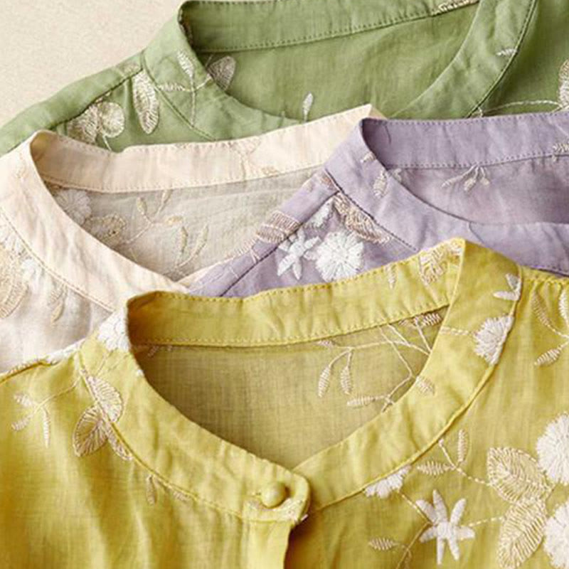 Buddha Stones Casual Embroidered Petals Spliced Organza Women's Crew Neck Design Half Sleeve Cotton Shirt - image 21